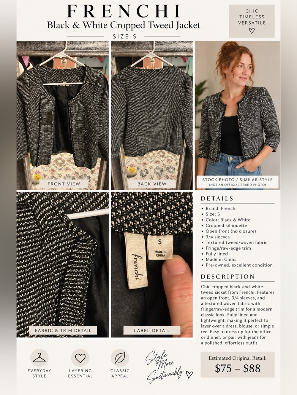 Frenchi Black & White Tweed Cropped Blazer